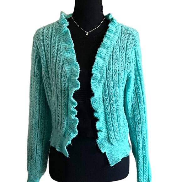 3/$15 Frill Trim Light Blue Fall Cardigan Warm Sweater Medium - Picture 7 of 7